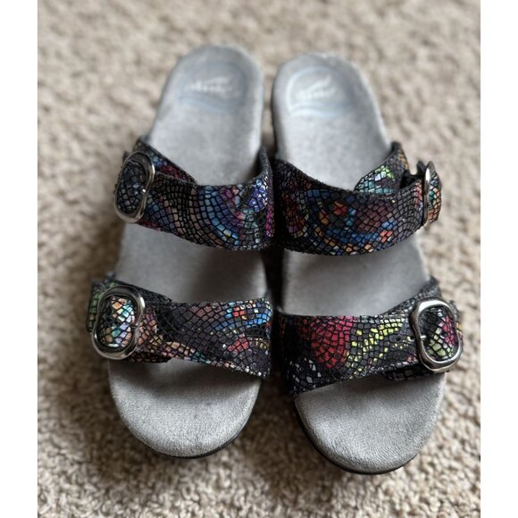 Dansko Women's Black Rainbow Mosaic Sophie 2 Band Heeled Sandals Size 36 Boho - Picture 1 of 7